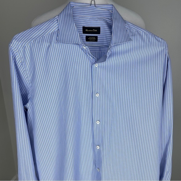 MASSIMO Dutti Men’s Italian Easy Iron Button Dress Shirt 44 17.5 Blue Stripe - Picture 6 of 7
